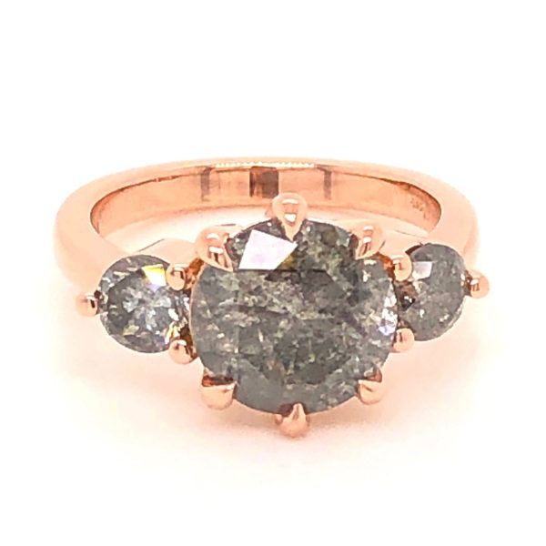 Custom Large Salt and Pepper Diamond Ring in 14k Rose Gold 3 Stone Ring 2.57 Ct, Size 4 Cheap