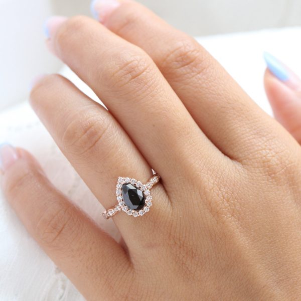 Pear Black Diamond Engagement Ring in Luna Halo Scalloped Diamond Band For Sale