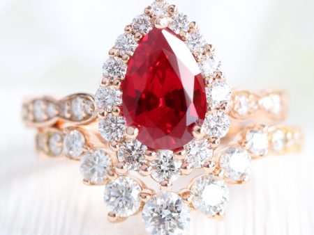 Large Tiara Halo Pear Ruby Ring Set w  7 Diamond U Shaped Scalloped Wedding Band Cheap