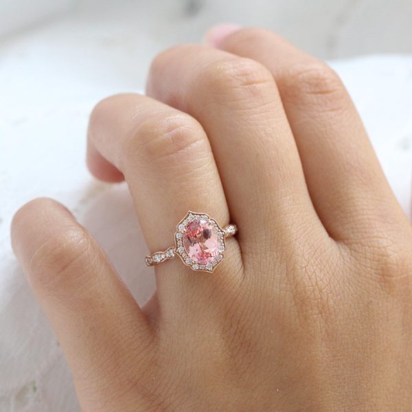 Large Oval Peach Sapphire Ring in 14k Rose Gold Vintage Halo Diamond Size 6.25 For Discount