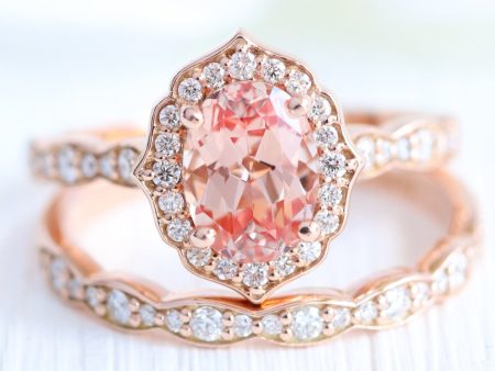 Vintage Floral Oval Ring Bridal Set w  Champagne Peach Sapphire and Diamond Sale