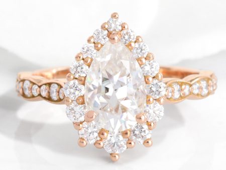 Large Pear Moissanite Diamond Ring in 14k Rose Gold Tiara Halo Scalloped Band, Size 6.25 Cheap