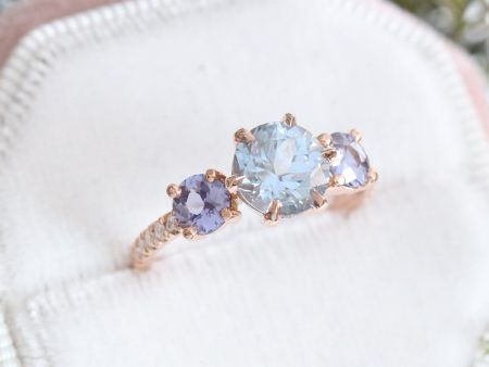 Aqua Blue Sapphire Engagement Ring in 14k Rose Gold 3 Stone Diamond Ring, Size 6.25 Online now