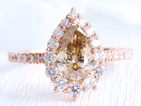 1.65 Ct Pear Champagne Diamond Ring in 14k Rose Gold Tiara Halo, Size 6.5 For Discount