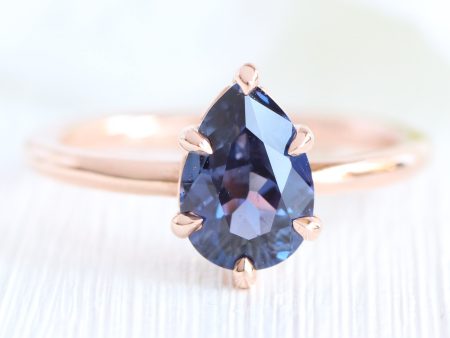 1.68 Ct Purplish Blue Sapphire Ring in 14k Rose Gold Pear Solitaire Ring, Size 6 For Sale