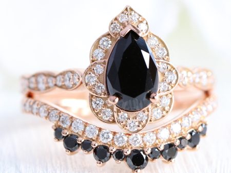 Vintage Floral Black Diamond Pear Ring w  Black and White Diamond Crown Band Online