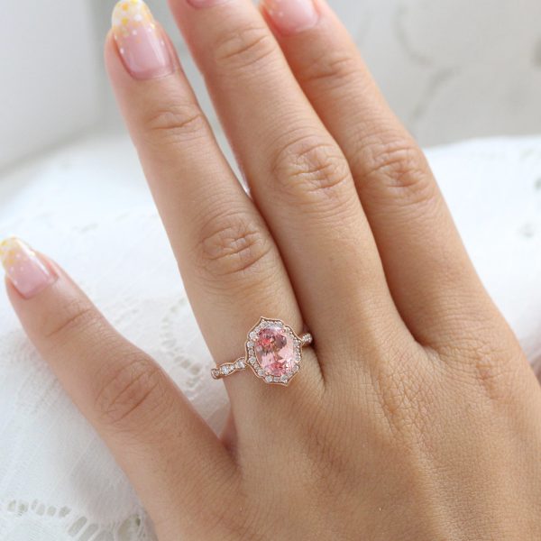 Large Oval Peach Sapphire Ring in 14k Rose Gold Vintage Halo Diamond Size 6.25 For Discount