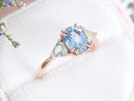 Large Aqua Blue Sapphire Engagement Ring in 14k Rose Gold 3 Stone Ring, Size 6 For Discount