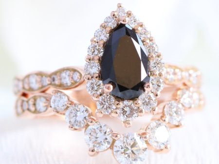 Tiara Halo Pear Black Diamond Ring Set w  Large 7 Diamond Curved Scalloped Band For Discount