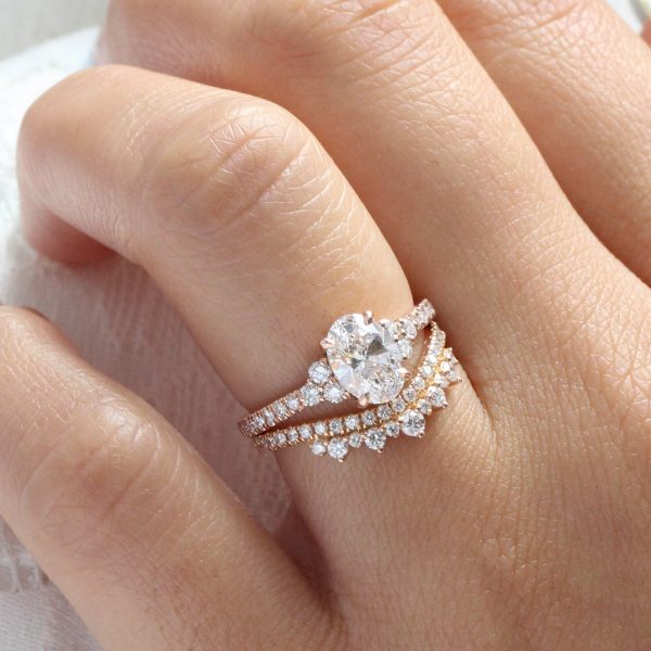 1.92 Ct. Oval Lab Diamond 3 Stone Ring Set w  Crown Wedding Band in Stella Setting Hot on Sale