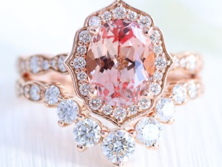 Large Vintage Floral Oval Ring Set w  Peach Sapphire and Large 7 Diamond Scalloped Band Sale