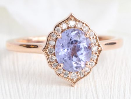 1.67 Ct Oval Lavender Sapphire Ring in 14k Rose Gold Vintage Floral Diamond, Size 6.5 on Sale