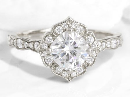 Cushion Moissanite Diamond Ring in 14k White Gold Mini Vintage Floral, Size 5.5 For Sale