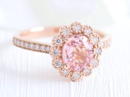 1.59 Ct. Padparadscha Peach Sapphire Ring in 14k Rose Gold Vintage Halo Diamond, Size 6.25 Sale