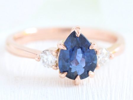 1.70 Ct Pear Blue Sapphire Ring in 14k Rose Gold 3 Stone Diamond Ring, Size 6 Online Hot Sale