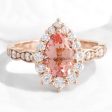 Large Pear Peach Sapphire Ring in 14k Rose Gold Tiara Halo Diamond Band, Size 6.25 on Sale