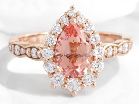 Large Pear Peach Sapphire Ring in 14k Rose Gold Tiara Halo Diamond Band, Size 6.25 on Sale