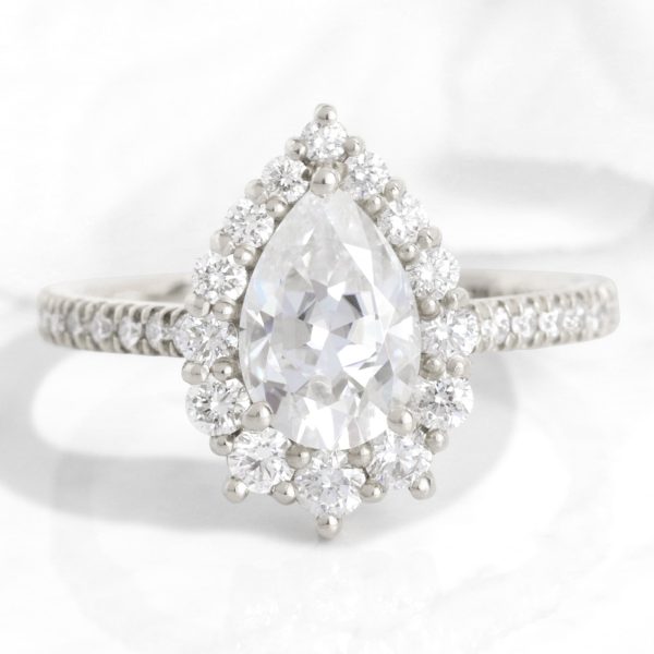 Large Pear Moissanite Engagement Ring in Tiara Halo Diamond Pave Band Online Sale