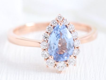 1.56 Ct Pear Aqua Blue Sapphire Ring in 14k Rose Gold Tiara Halo Diamond, Size 6.25 Hot on Sale