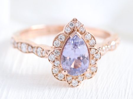 1.32 Ct Pear Cut Lavender Sapphire Ring in 14k Rose Gold Vintage Floral Diamond, Size 6 Online