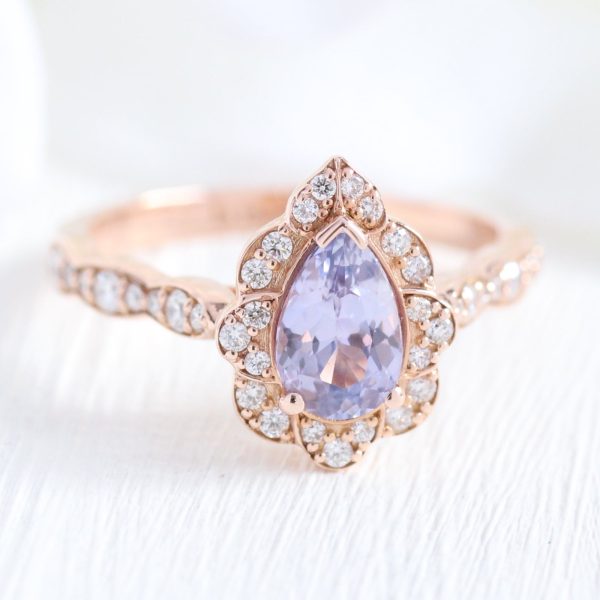 1.32 Ct Pear Cut Lavender Sapphire Ring in 14k Rose Gold Vintage Floral Diamond, Size 6 Online