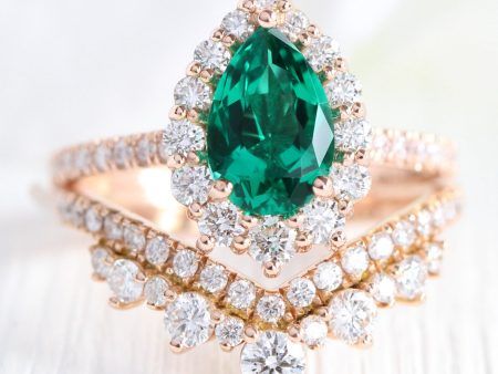 Large Tiara Halo Pave Ring Set w  Pear Emerald and V Shaped Diamond Band Discount