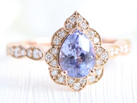 1.57 Ct Lavender Purple Sapphire Ring in 14k Rose Gold Vintage Floral Diamond, Size 6.25 Fashion