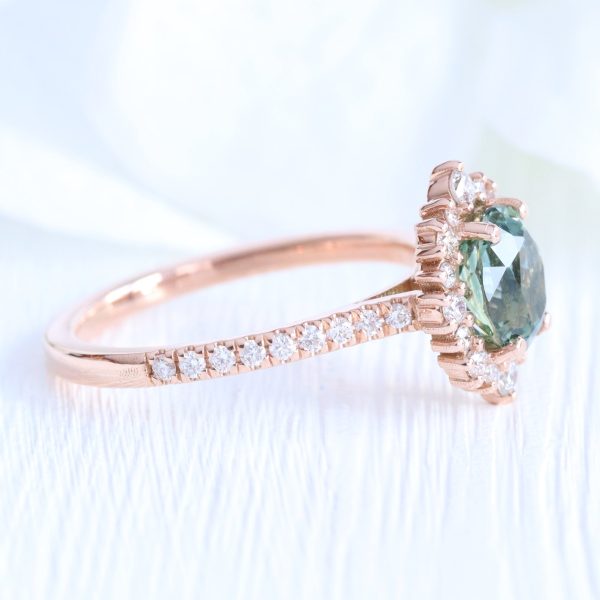 2.32 Ct Natural Green Sapphire Ring in 14k Rose Gold Tiara Halo Diamond, Size 6.5 Sale