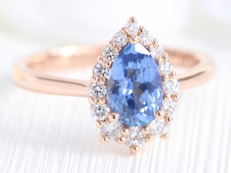 1.68 Ct Pear Ceylon Blue Sapphire Ring in 14k Rose Gold Tiara Halo Diamond, Size 6.25 Hot on Sale