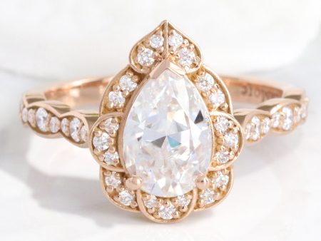 Large Pear Moissanite Ring in 14k Rose Gold Vintage Floral Diamond, Size 6.25 Sale