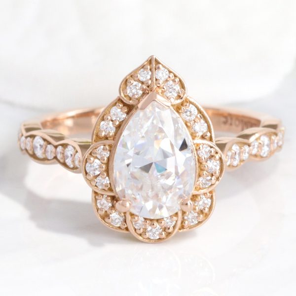 Large Pear Moissanite Ring in 14k Rose Gold Vintage Floral Diamond, Size 6.25 Sale