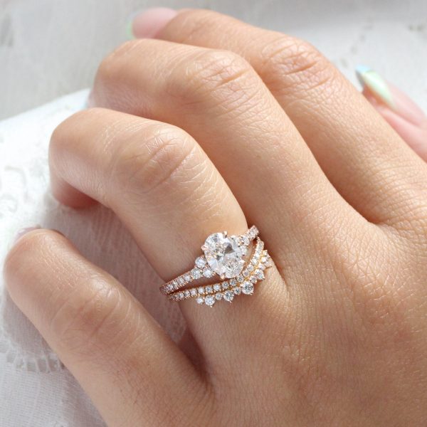 1.92 Ct. Oval Lab Diamond 3 Stone Ring Set w  Crown Wedding Band in Stella Setting Hot on Sale