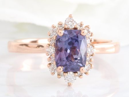 1.64 Ct. Cushion Purple Sapphire Ring in 14k Rose Gold Halo Diamond, Size 6.5 Sale