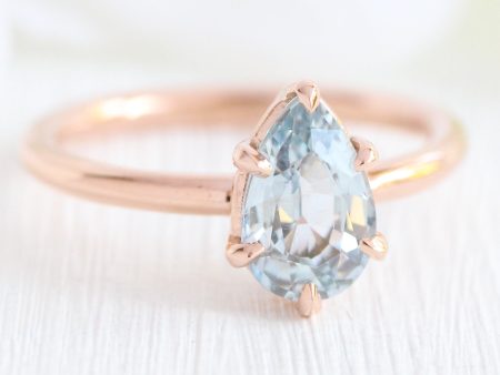 1.66 Ct Pear Aqua Blue Sapphire Ring in 14k Rose Gold Low Profile Solitaire Ring, Size 6 on Sale