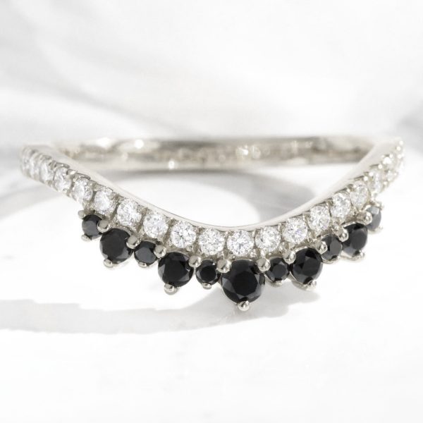 Crown Black and White Diamond Ring in Curved Contour Pave Band For Discount