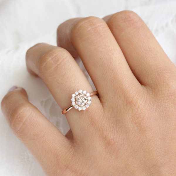 1 Ctw Champagne Diamond Ring in 14k Rose Gold Large Halo, Size 6.25 For Cheap