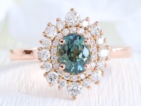 1.62 Ct Oval Teal Green Sapphire Ring in 14k Rose Gold Double Halo Diamond, Size 6.5 Discount