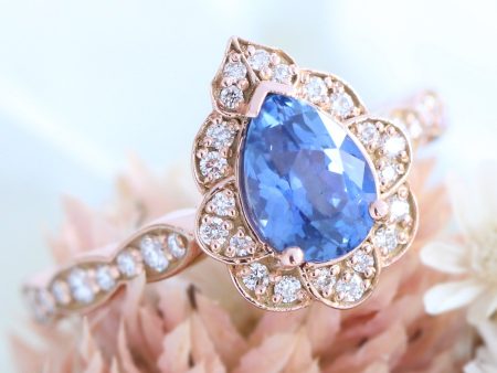 1.57 Ct Pear Cut Ceylon Sapphire Ring in 14k Rose Gold Vintage Floral Diamond, Size 6.25 Fashion