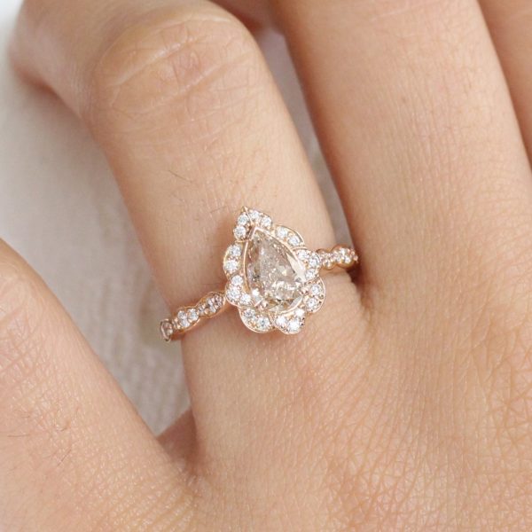 1.28 Ct Pear Champagne Diamond Ring in 14k Rose Gold Vintage Floral Ring, Size 6.75 on Sale