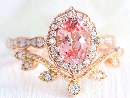 Vintage Floral Oval Ring Bridal Set w  Peach Sapphire and Curved Leaf Diamond Band Hot on Sale