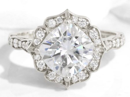 Large Cushion Moissanite Ring in 14k White Gold Vintage Floral Diamond, Size 6.25 Supply