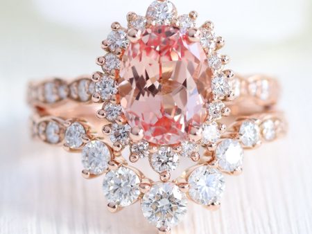 Large Tiara Halo Oval Ring Set w  Peach Sapphire and Large 7 Diamond Scalloped Band Online