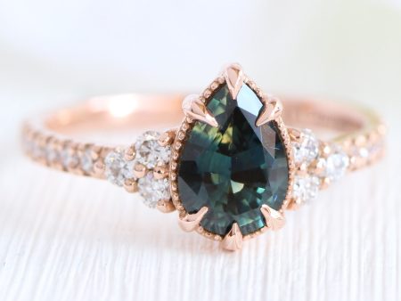 1.46 Ct Pear Teal Green Sapphire Ring in 14k Rose Gold Vintage 3 Diamond Ring, Size 6.5 For Discount