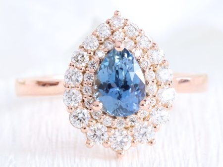 1.63 Ct Peacock Blue Sapphire Ring in 14k Rose Gold Double Halo Diamond, Size 6.5 For Sale