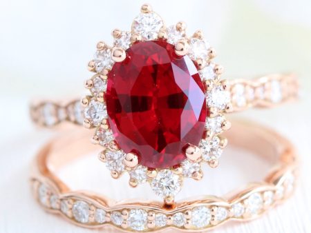 Large Tiara Halo Oval Ruby Ring Set w  Scalloped Diamond Wedding Band Discount