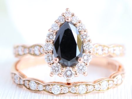 Tiara Halo Pear Black Diamond Ring Set w  Matching Diamond Scalloped Wedding Band For Sale