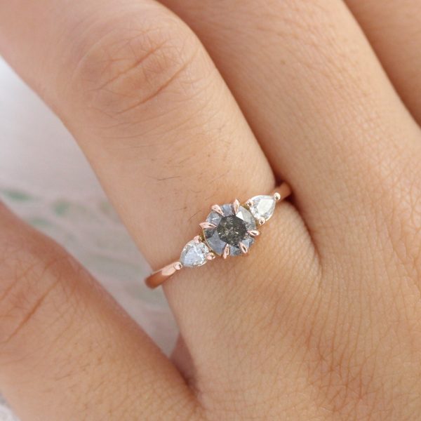 1.16 Ct Salt and Pepper Diamond Ring in 14k Rose Gold 3 Stone Pear Ring, Size 6.25 Online