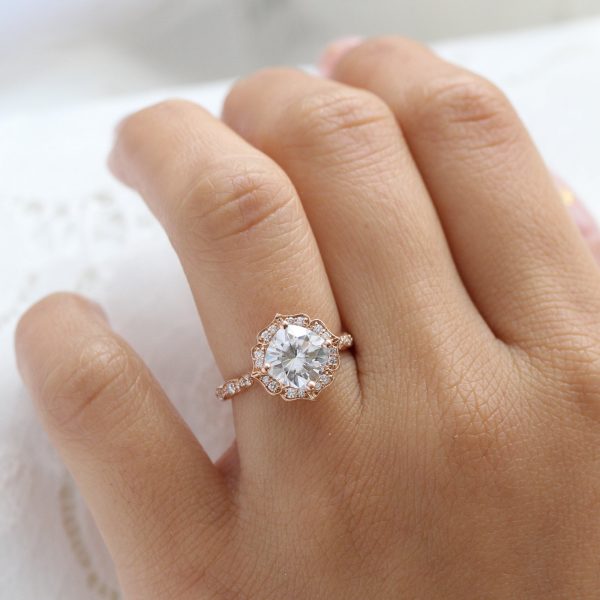 Large Cushion Moissanite Ring in 14k Rose Gold Vintage Floral Diamond, Size 6.25 Discount