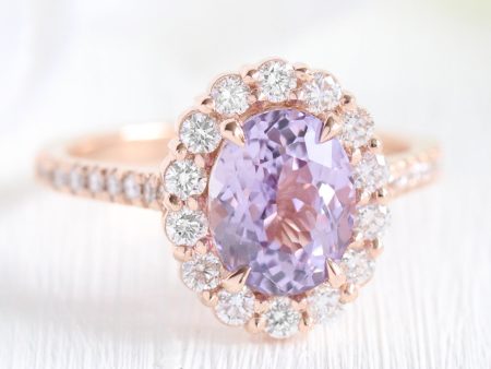 3.21 Ct Large Lavender Sapphire Ring in 14k Rose Gold Halo Pave Diamond, Size 6.25 For Sale