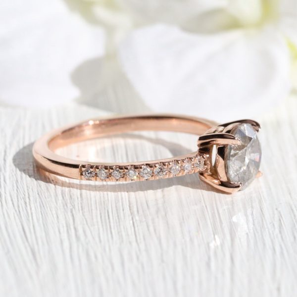 1.32 Ct Light Salt and Pepper Diamond Ring in 14k Rose Gold Solitaire Pave Band, Size 6.5 Online Hot Sale